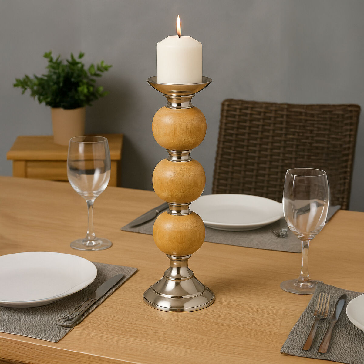 Orsina Hampstead Large Pillar Candle Holder – Sculptural Wood & Metal