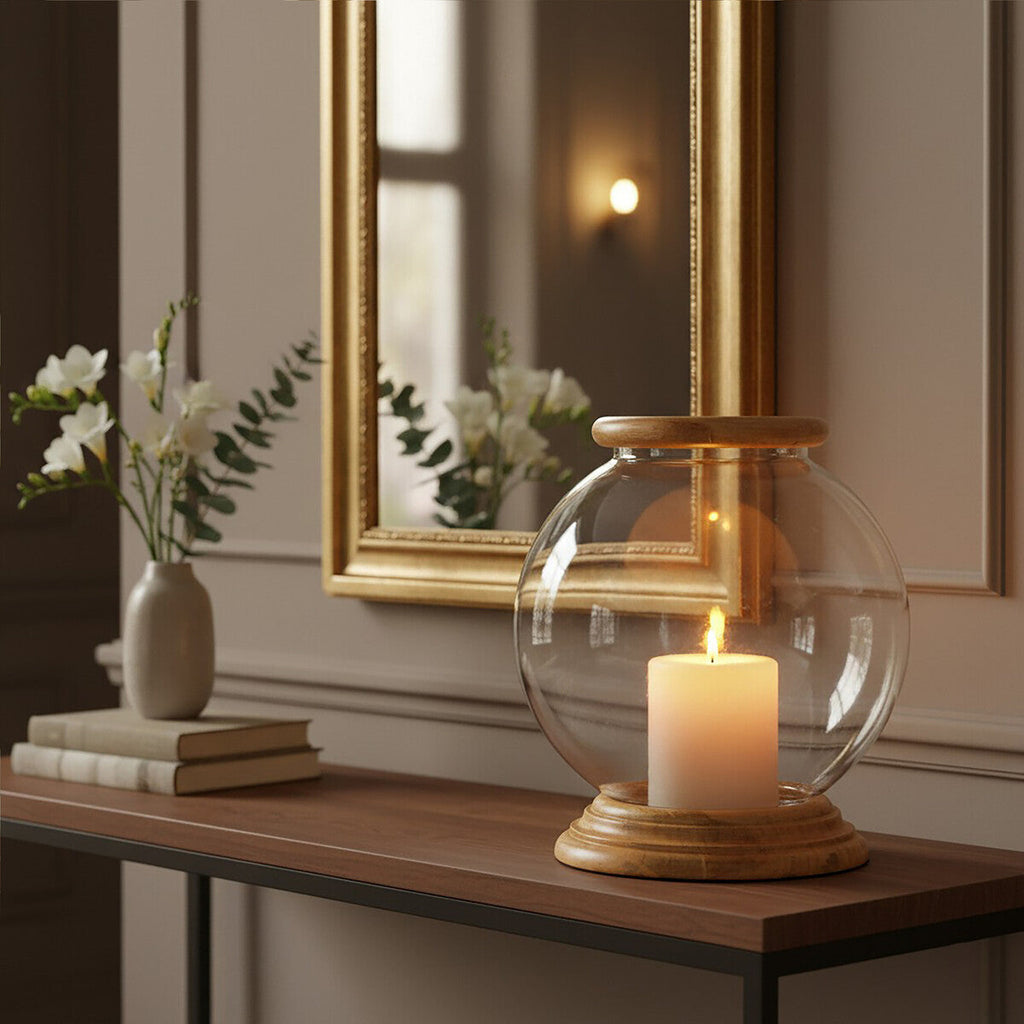 Orsina Hampstead Small Hurricane Candle Holder | Mango Wood & Glass