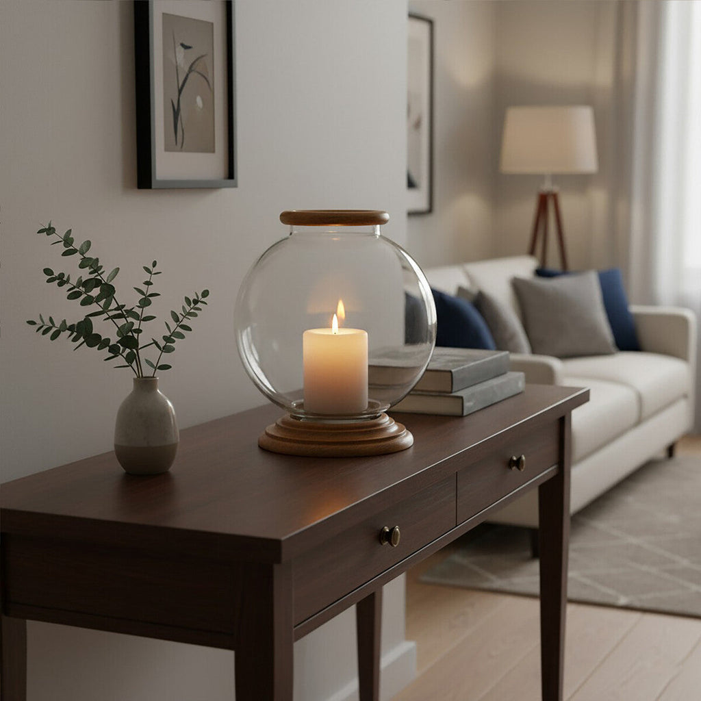 Orsina Large Glass Hurricane Candle Holder with Mango Wood Base