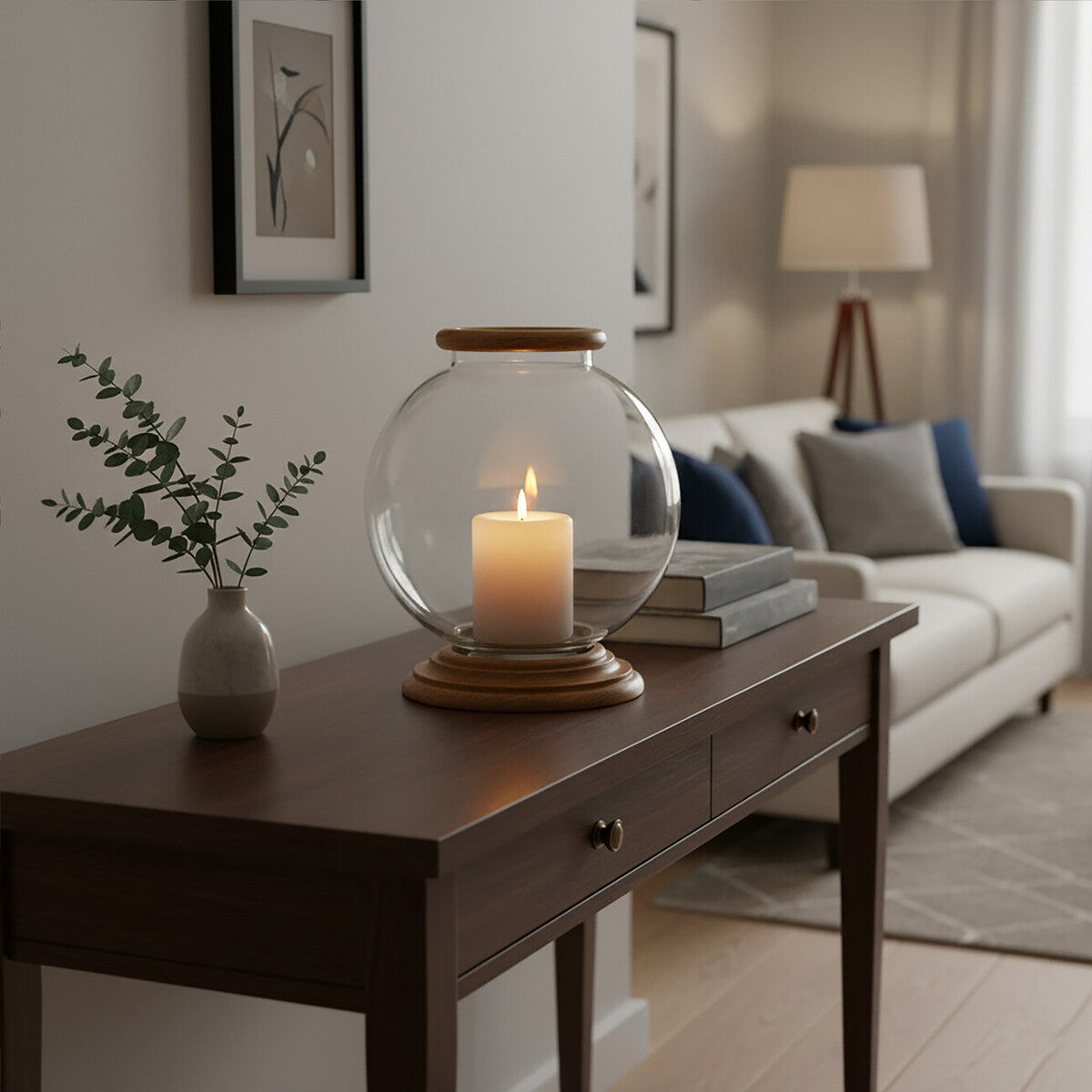 Orsina Large Glass Hurricane Candle Holder with Mango Wood Base