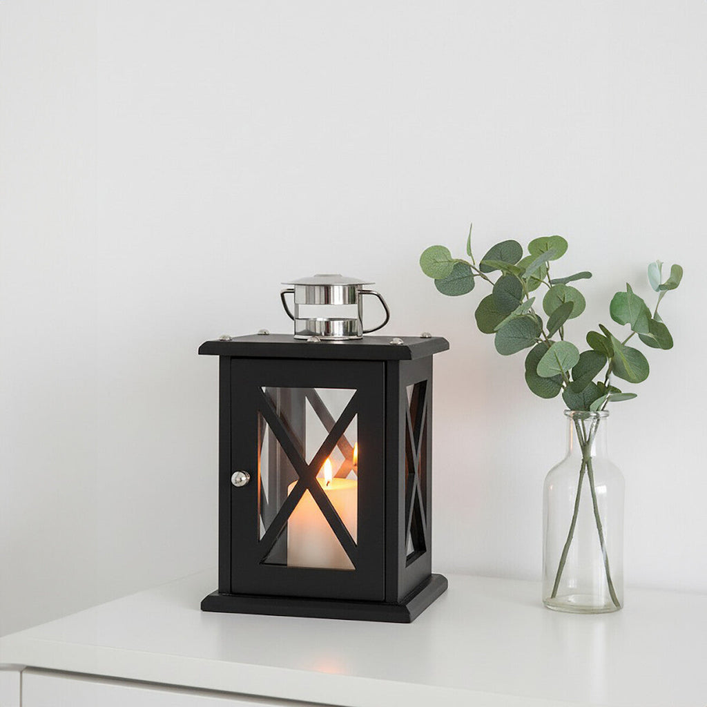 Orsina Hampstead Small Black Criss Cross Lantern – Wood & Glass
