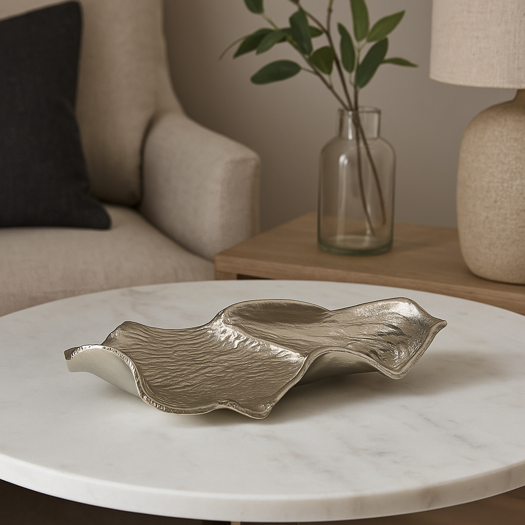 Orsina Hampstead Leaf Decorative Dish – Textured Nickel Finish