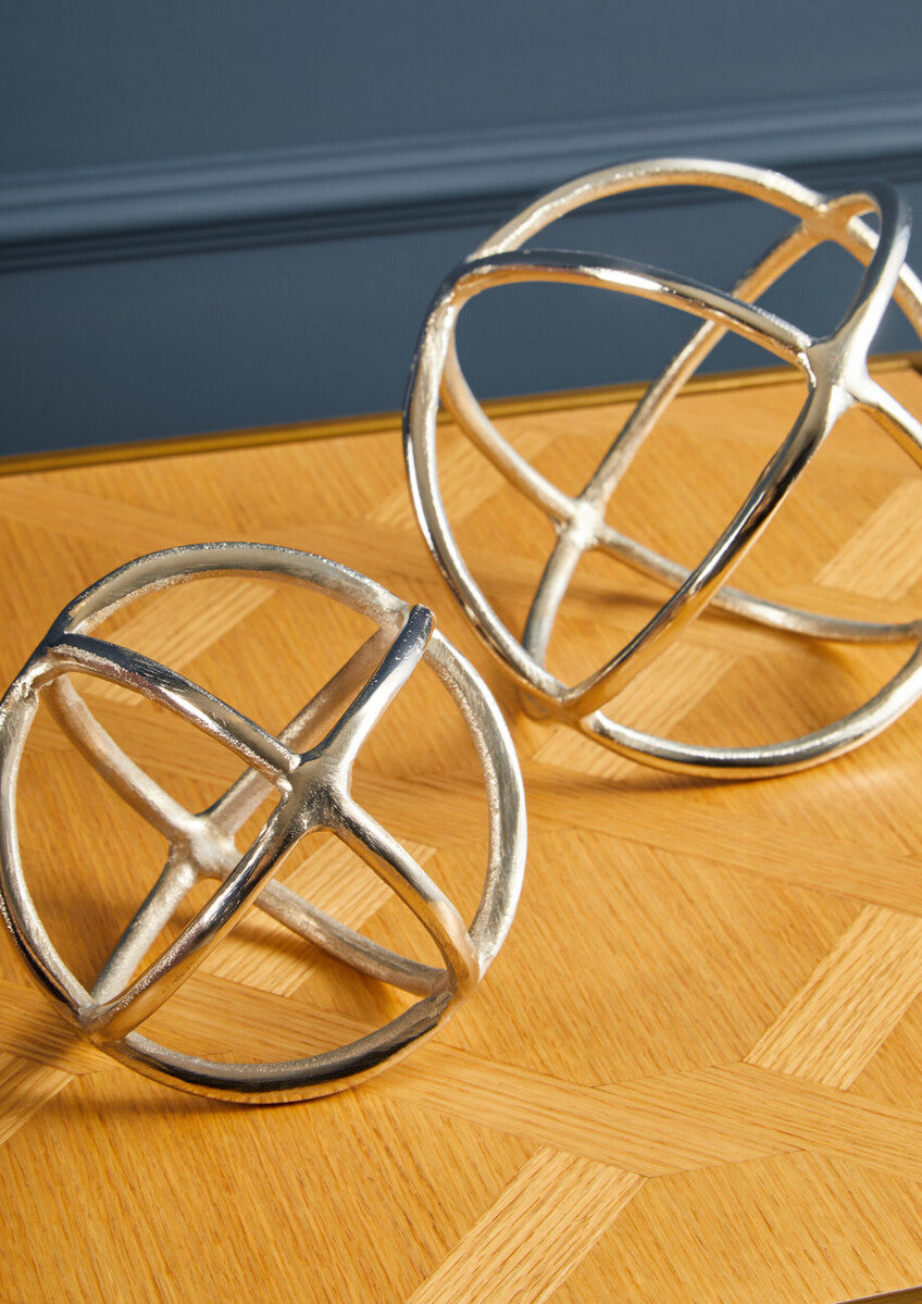 Orsina Silver Nickel Ring & Orb Sculptures – Set of 2 Modern Accents