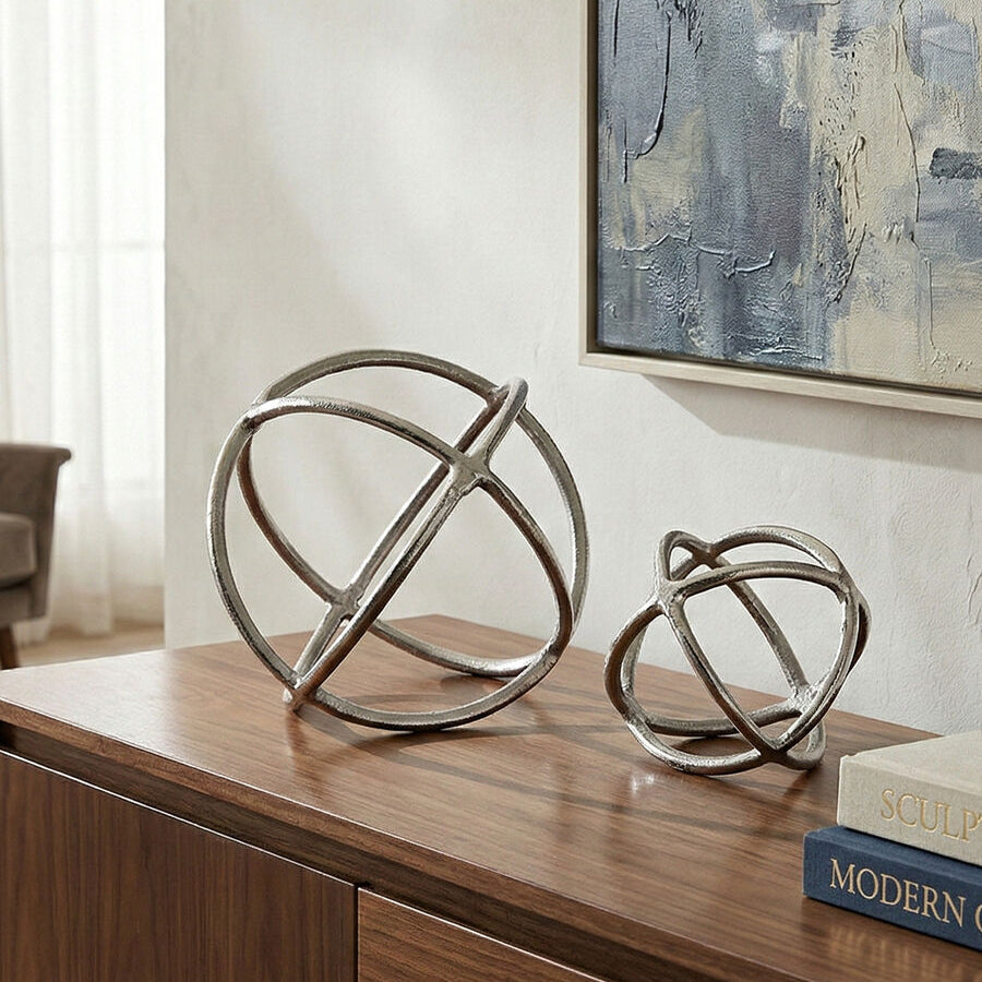 Orsina Silver Nickel Ring & Orb Sculptures – Set of 2 Modern Accents