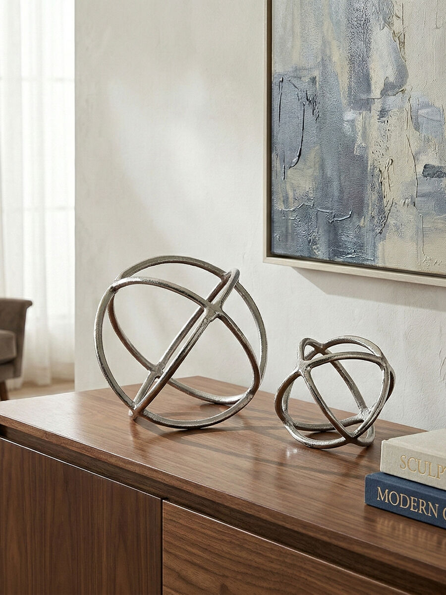 Orsina Silver Nickel Ring & Orb Sculptures – Set of 2 Modern Accents