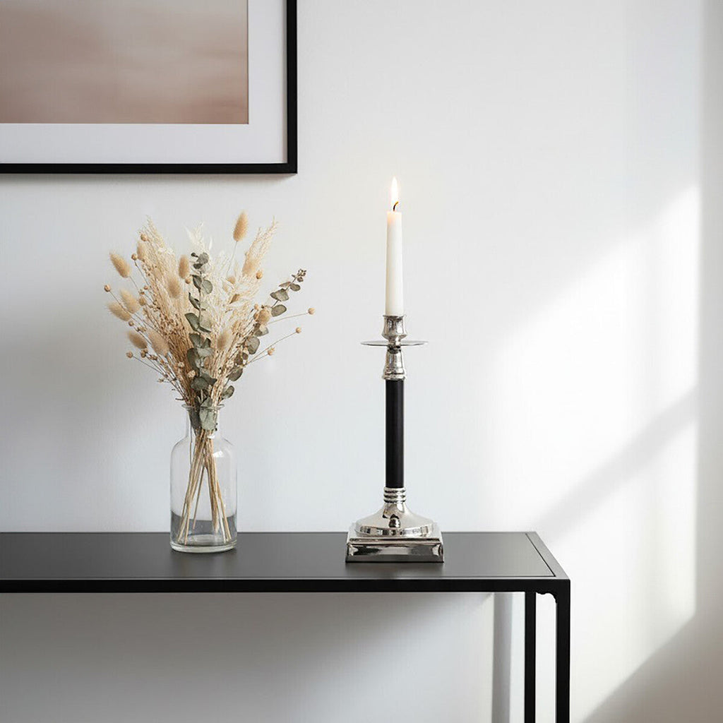 Orsina Riya Brass Candle Holder – Nickel and Black Pillar Stand