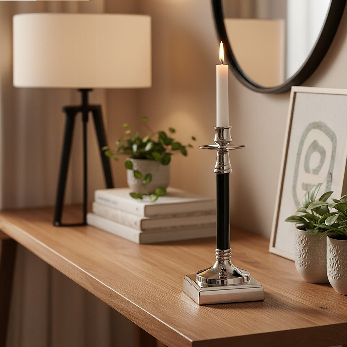 Orsina Riya Brass Candle Holder – Nickel and Black Pillar Stand