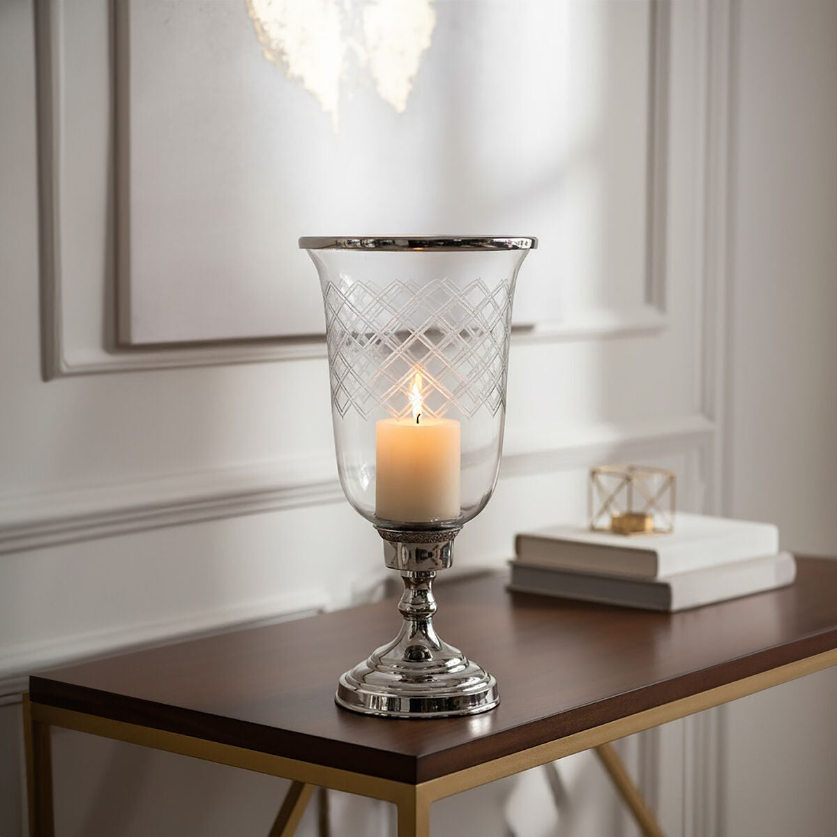 Orsina Myra Silver Hurricane Candle Holder | Nickel-Coated Brass