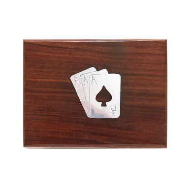 Orsina Sheesham Wood Playing Card Box – Brown with Aluminium Ace Motifs