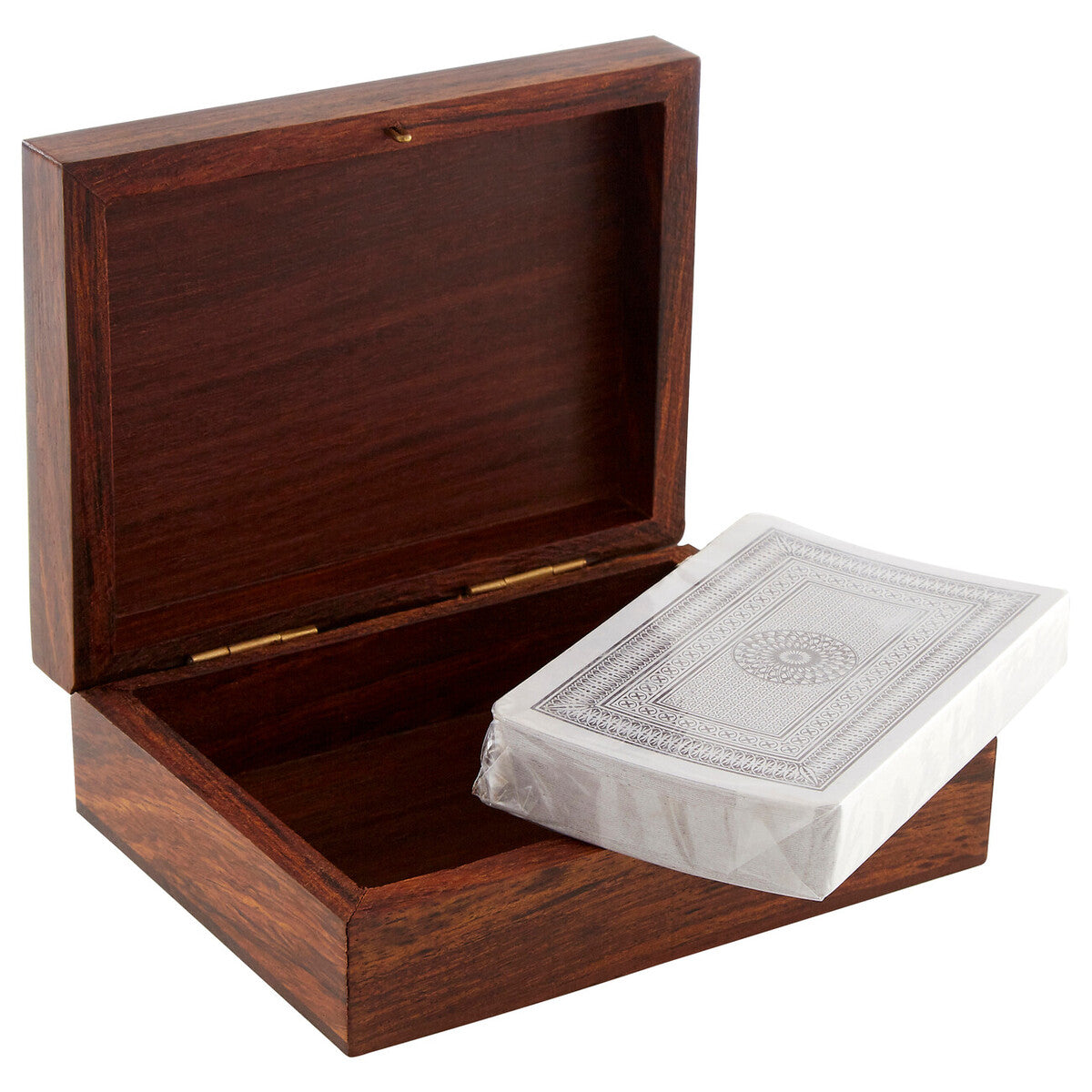 Orsina Sheesham Wood Playing Card Box – Brown with Aluminium Ace Motifs