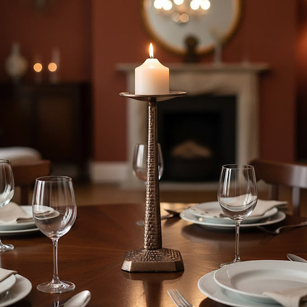 Orsina Arya Large Grey Pillar Candle Holder – Textured Geometric Stand