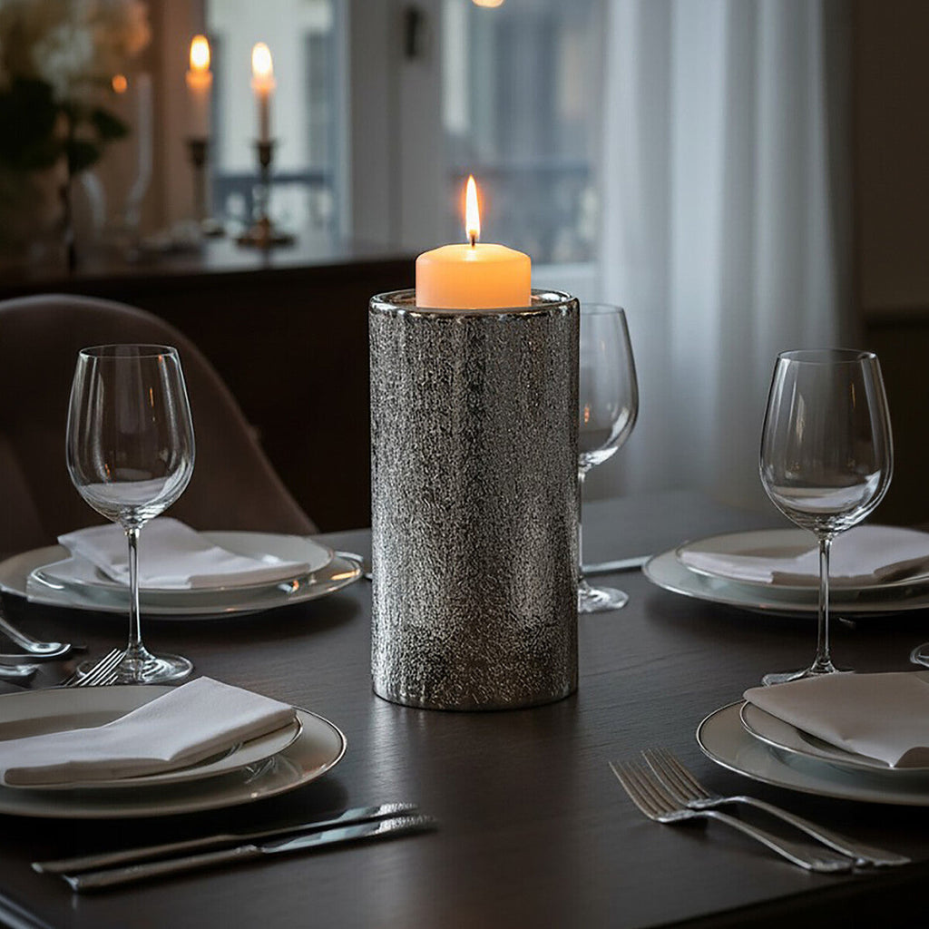 Orsina Safia Large Hammered Silver Aluminium Pillar Candle Holder