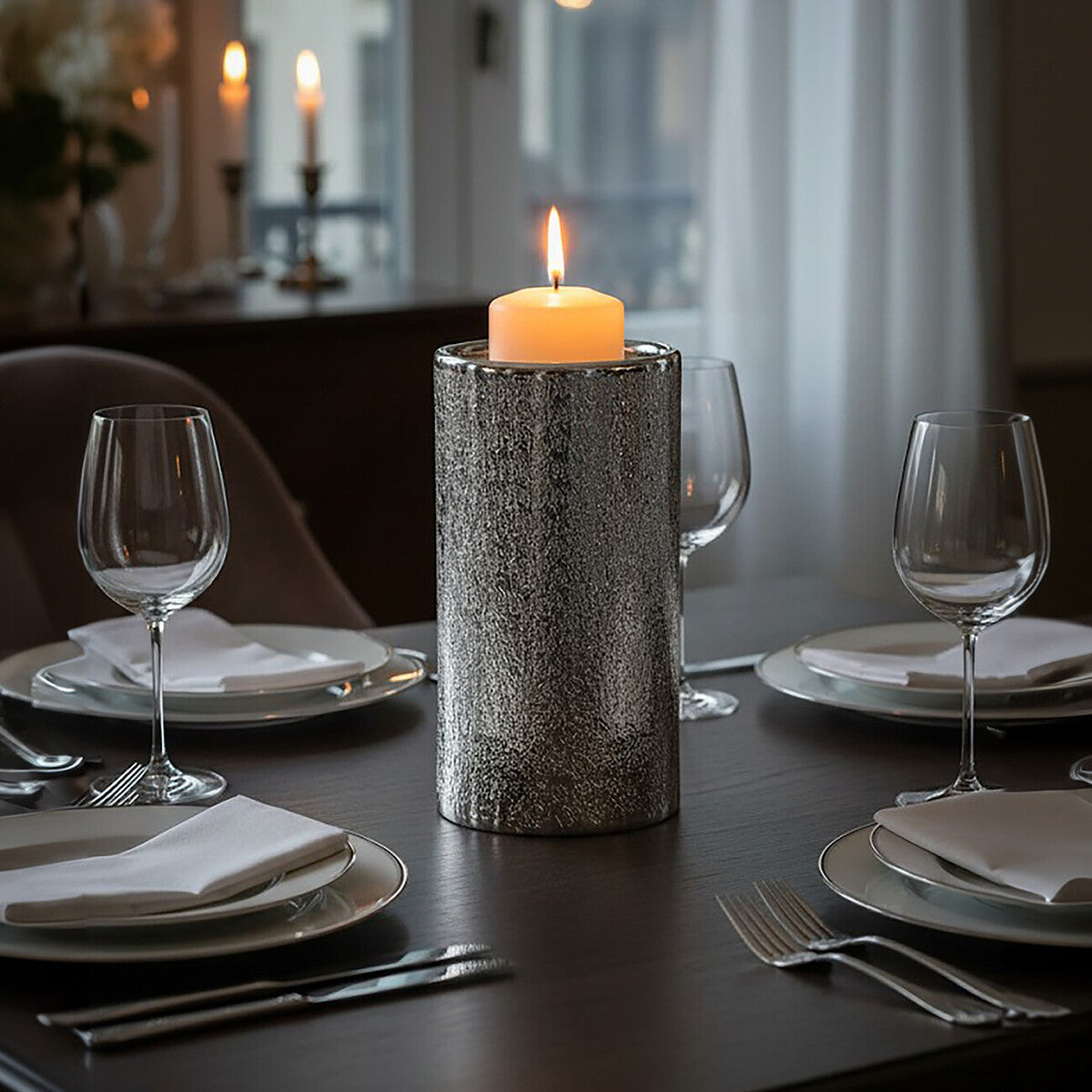 Orsina Safia Large Hammered Silver Aluminium Pillar Candle Holder