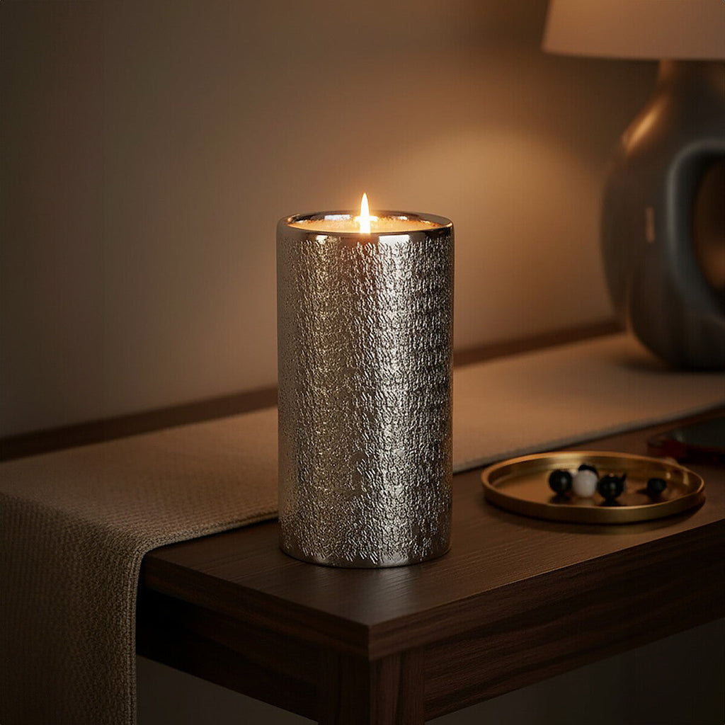 Orsina Safia Large Hammered Silver Aluminium Pillar Candle Holder