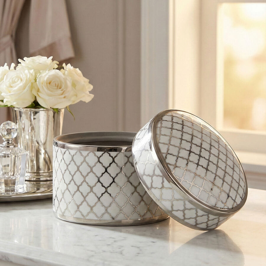 Orsina Renne Large Ceramic Box – White and Silver Quatrefoil Decor