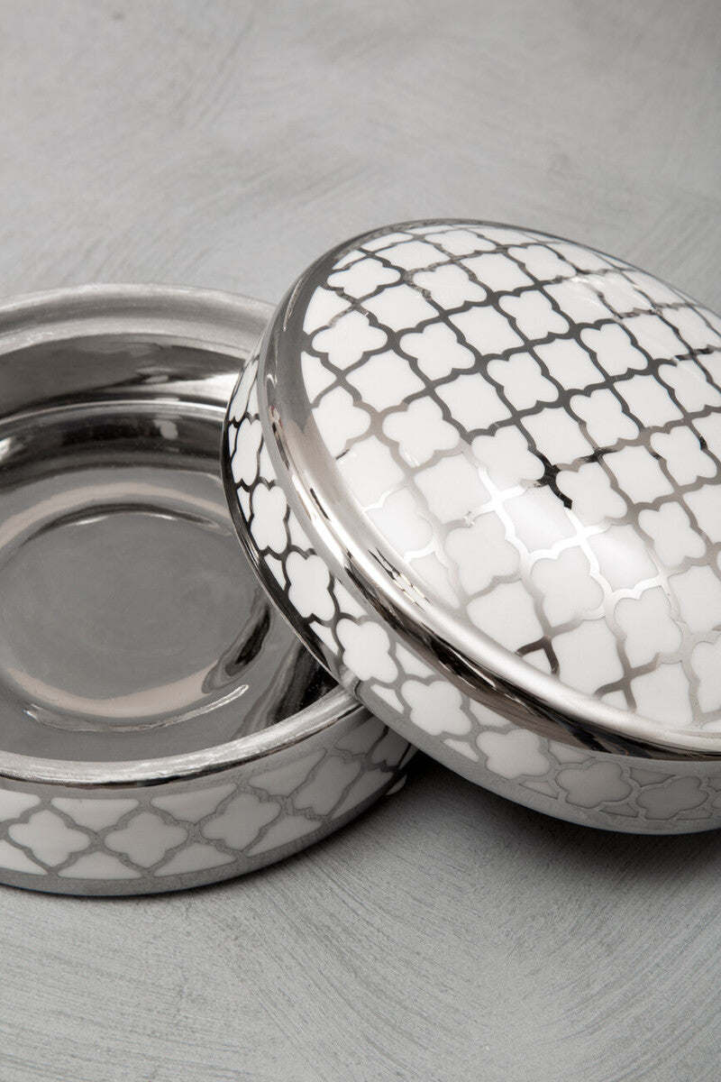 Orsina Renne Small Ceramic Box – White and Silver Jewelry Organizer