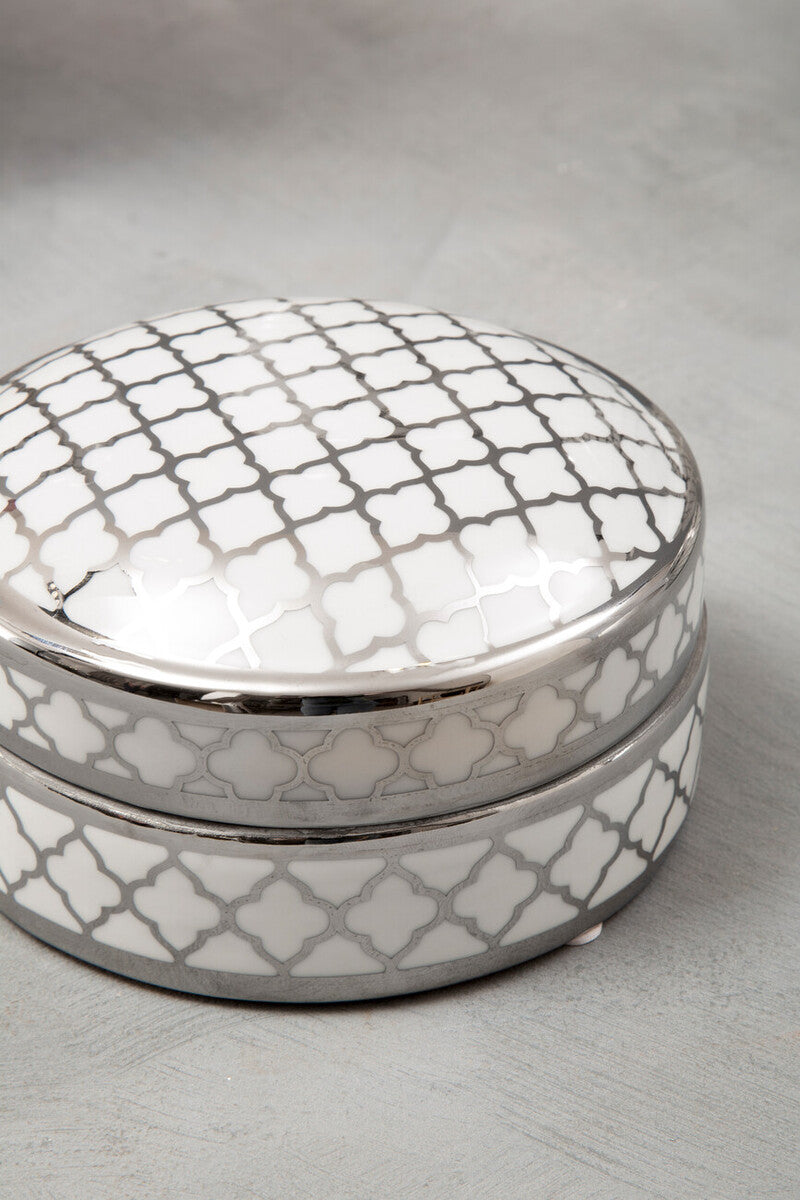 Orsina Renne Small Ceramic Box – White and Silver Jewelry Organizer