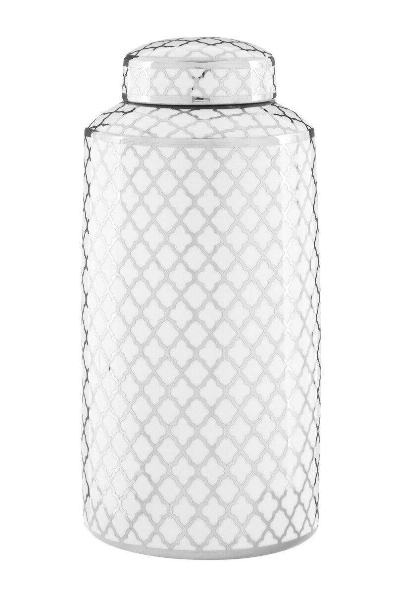 Orsina Renne Large Ceramic Jar – White and Silver Quatrefoil Decor