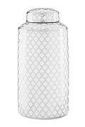 Orsina Renne Large Ceramic Jar – White and Silver Quatrefoil Decor