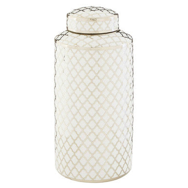 Orsina Renne Large Ceramic Jar – White and Silver Quatrefoil Decor