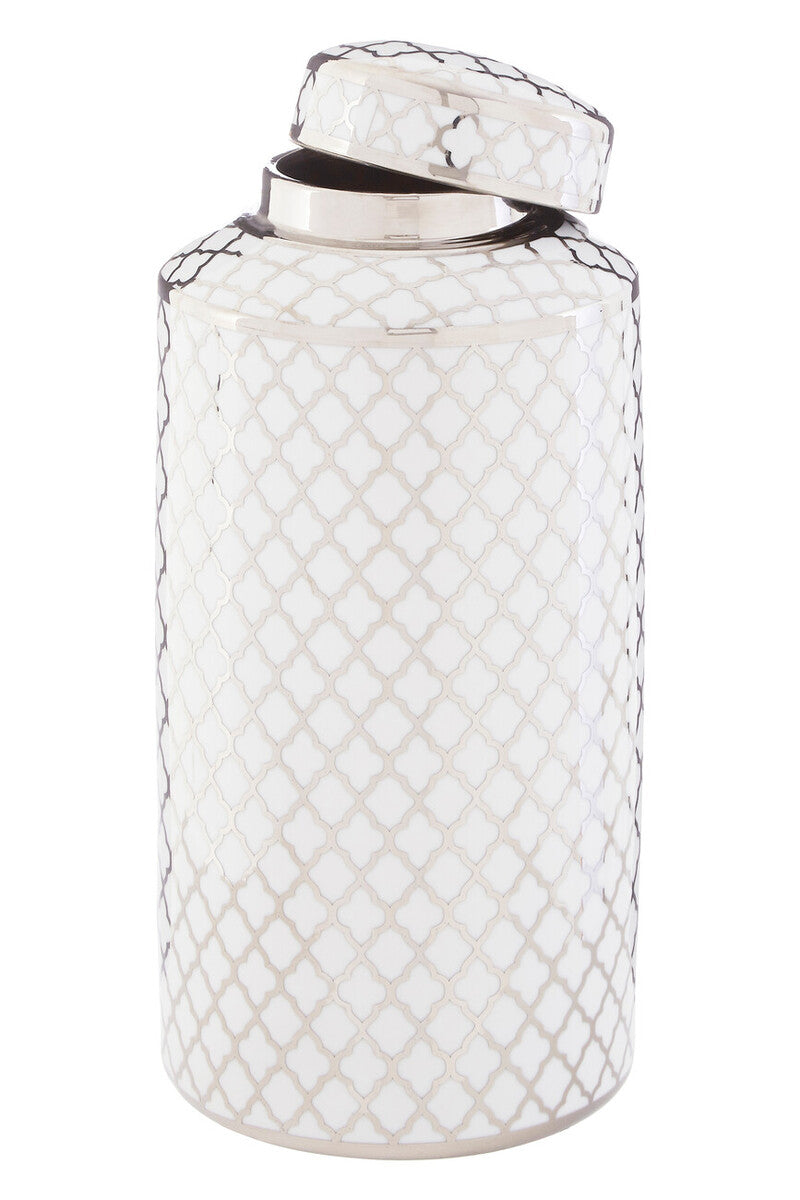 Orsina Renne Large Ceramic Jar – White and Silver Quatrefoil Decor