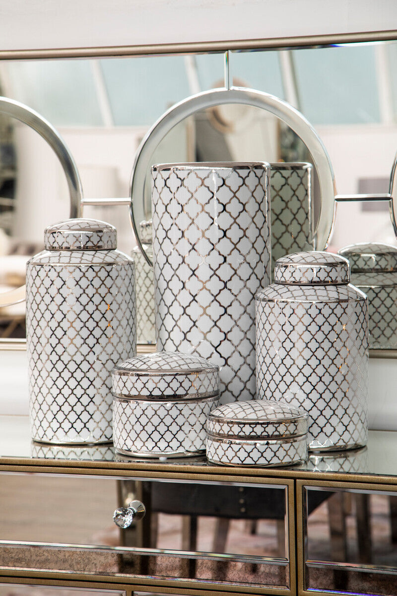 Orsina Renne Large Ceramic Jar – White and Silver Quatrefoil Decor