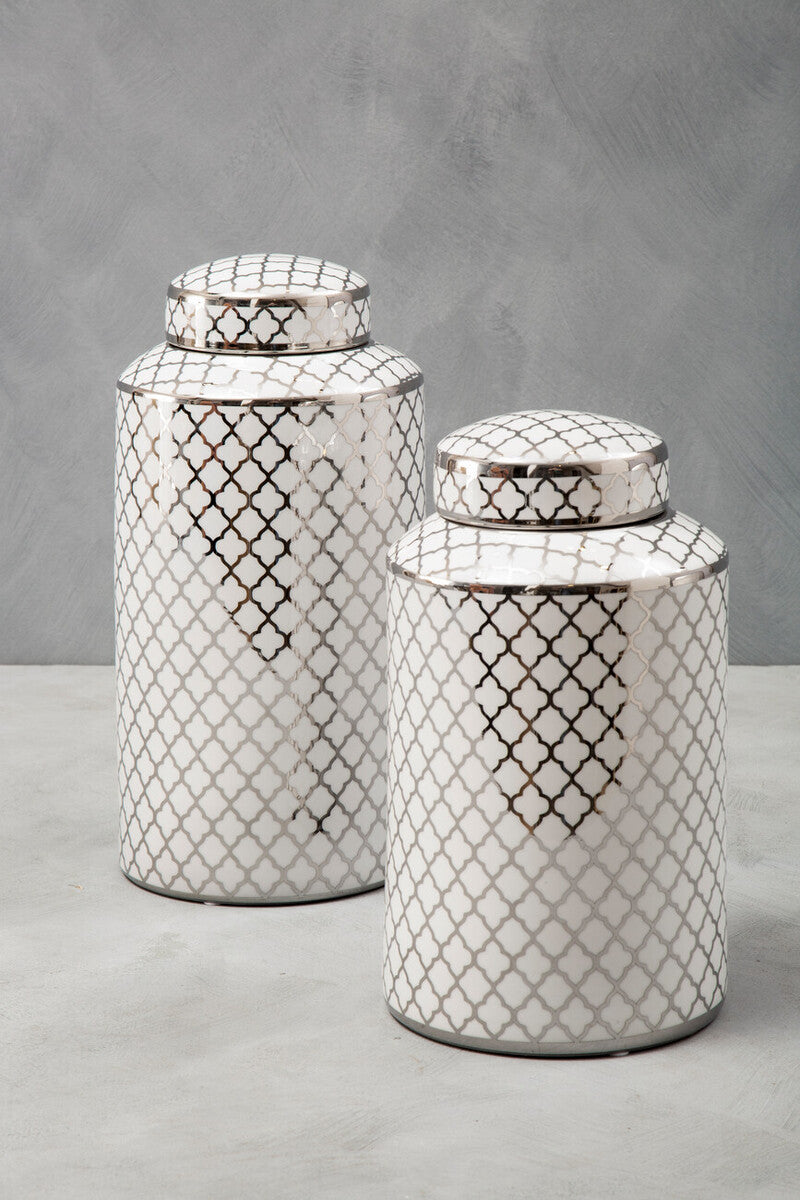 Orsina Renne Large Ceramic Jar – White and Silver Quatrefoil Decor
