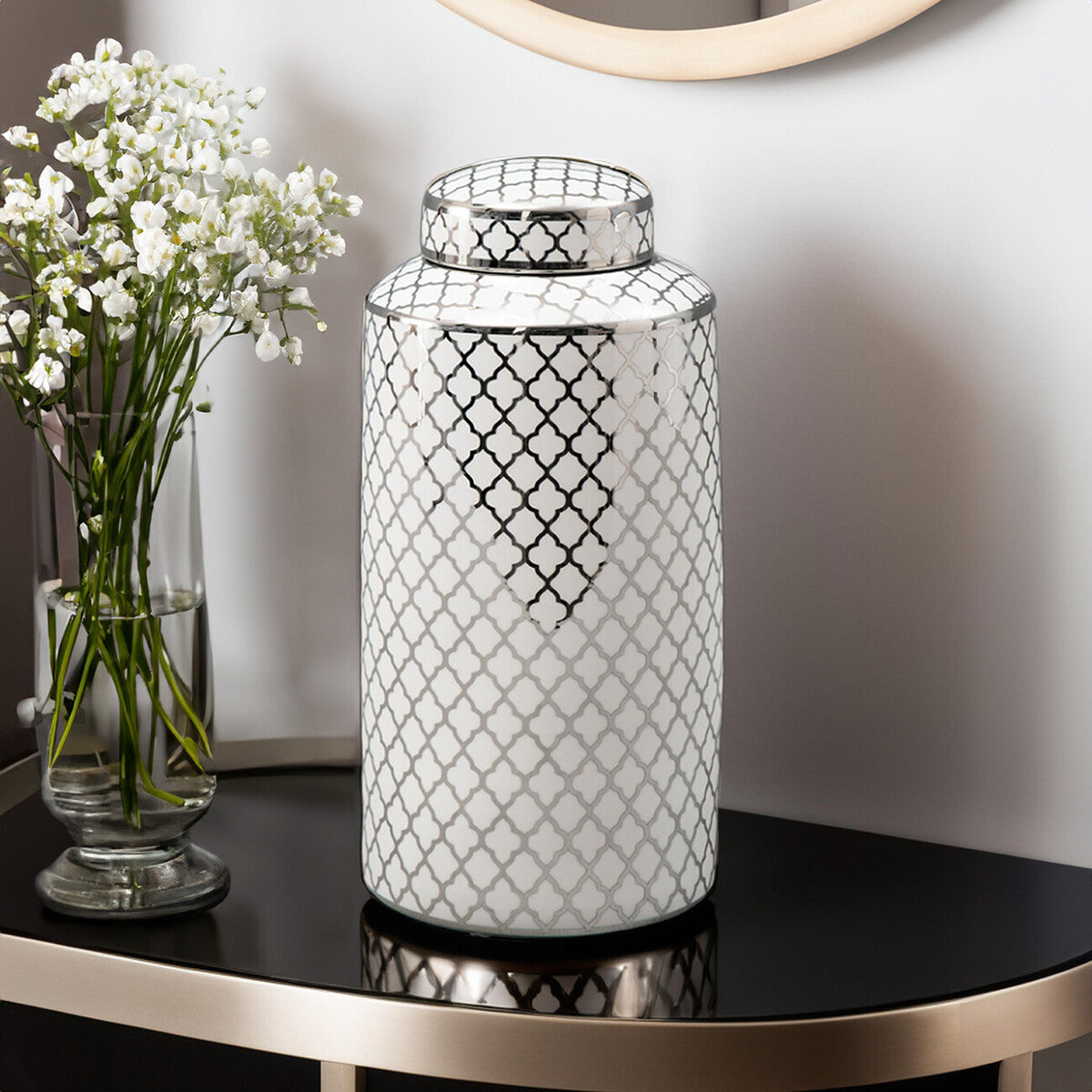 Orsina Renne Large Ceramic Jar – White and Silver Quatrefoil Decor