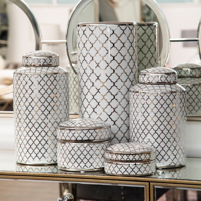 Orsina Ceramic Umbrella Stand – Silver and White Geometric Entryway Decor