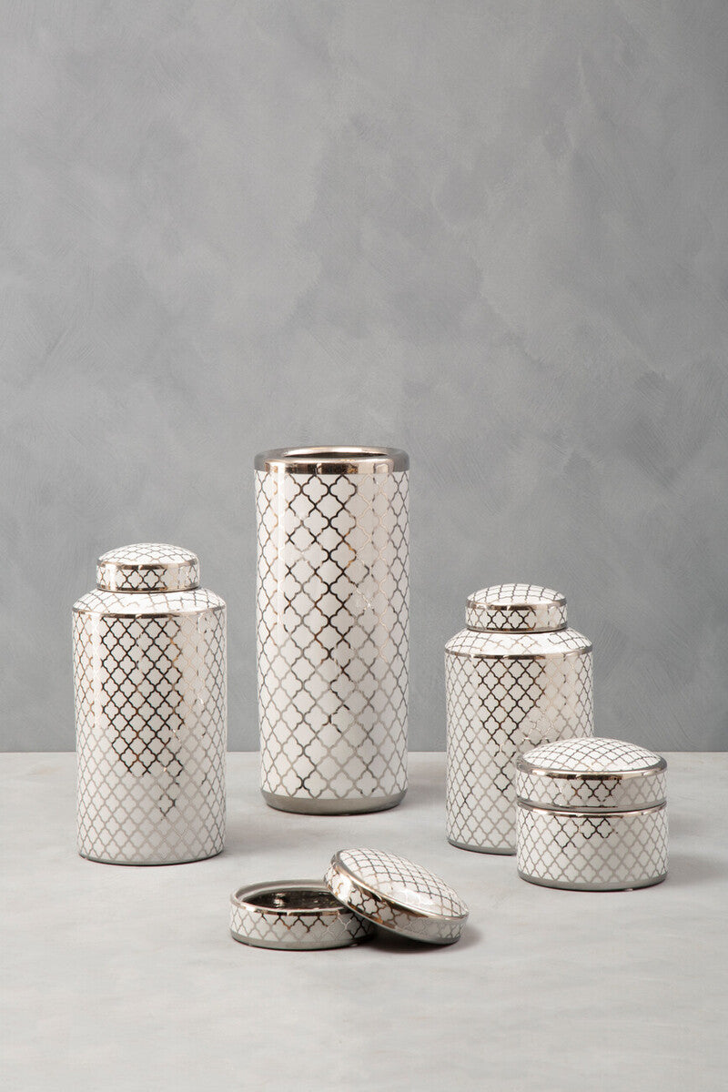 Orsina Ceramic Umbrella Stand – Silver and White Geometric Entryway Decor