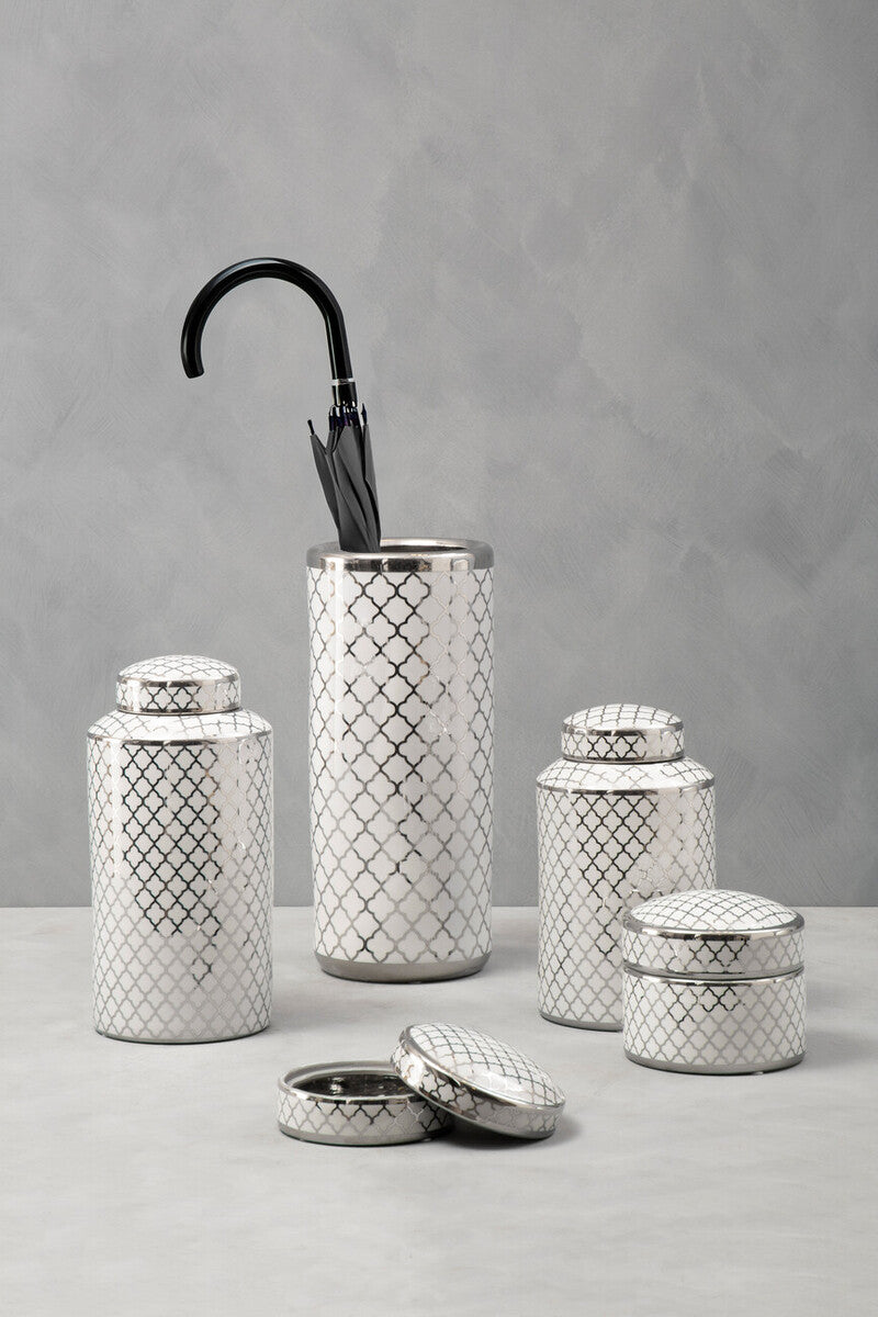 Orsina Ceramic Umbrella Stand – Silver and White Geometric Entryway Decor