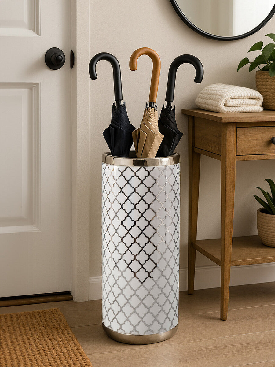 Orsina Ceramic Umbrella Stand – Silver and White Geometric Entryway Decor