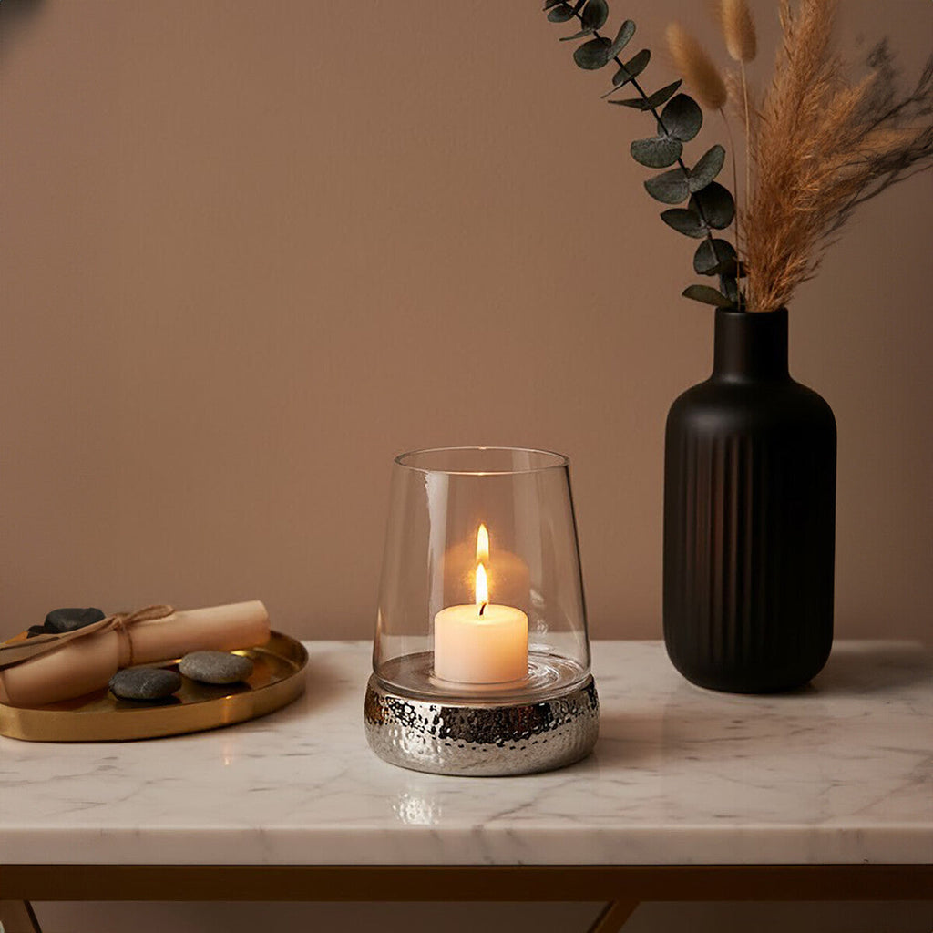 Orsina Martele Small Candle Holder – Hammered Nickel & Glass Hurricane