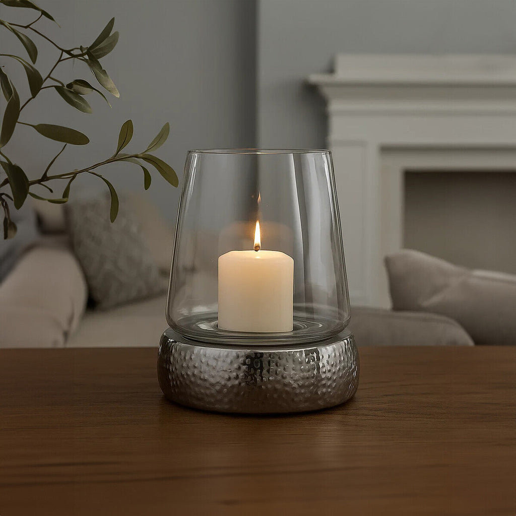 Orsina Martele Small Candle Holder – Hammered Nickel & Glass Hurricane