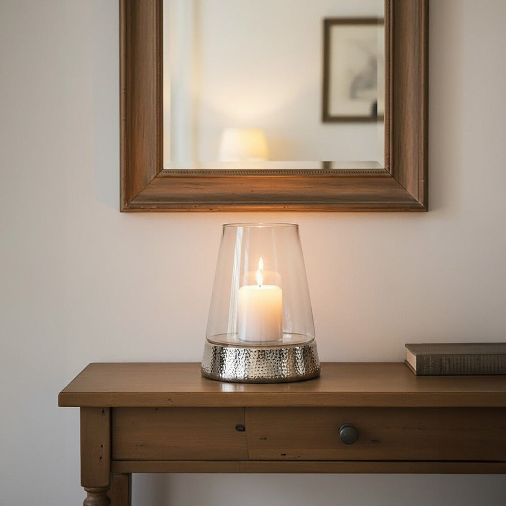 Orsina Martele Large Hurricane Candle Holder | Hammered Nickel & Glass