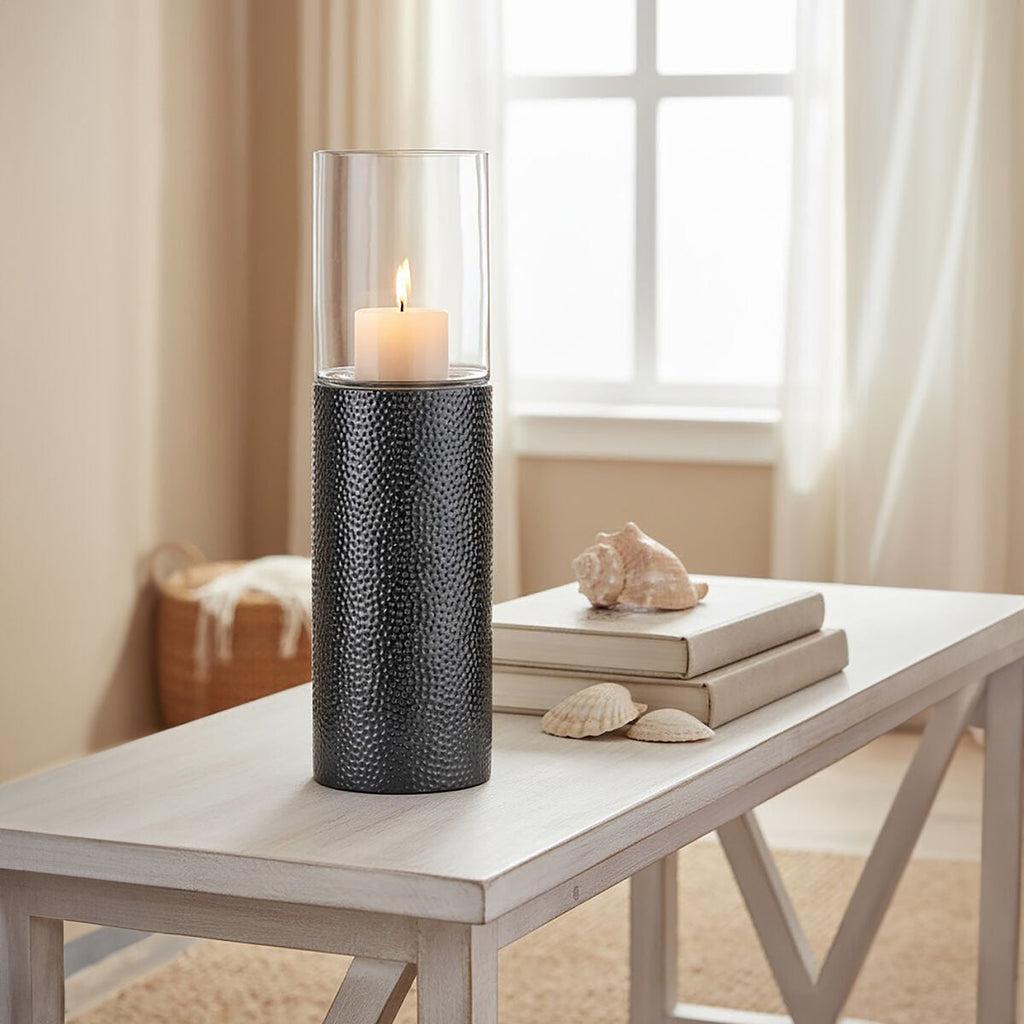 Orsina Martele Medium Pillar Candle Holder – Hammered Nickel Finish