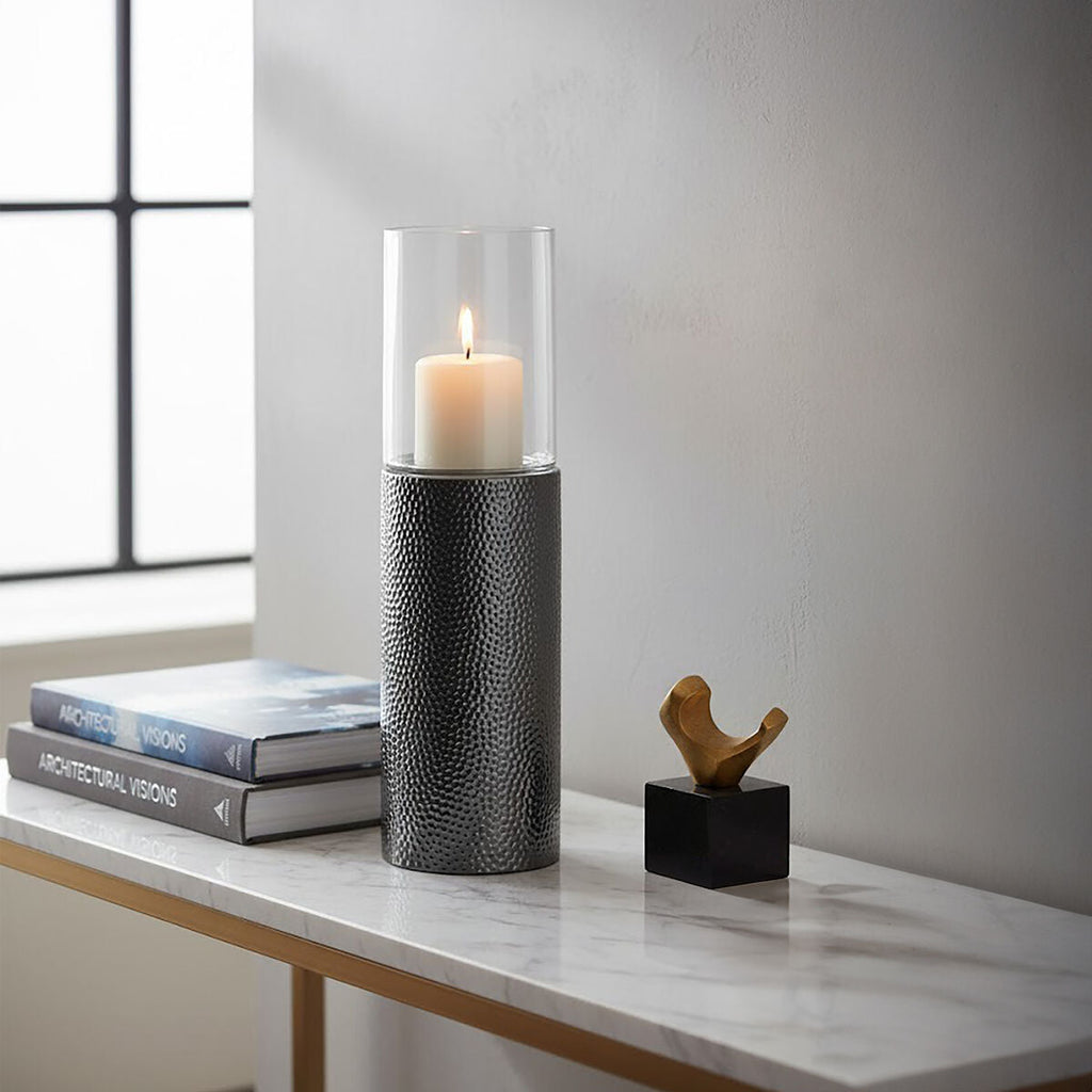 Orsina Martele Medium Pillar Candle Holder – Hammered Nickel Finish