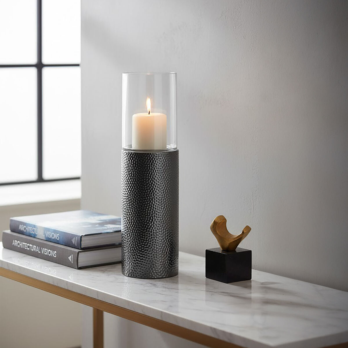 Orsina Martele Medium Pillar Candle Holder – Hammered Nickel Finish