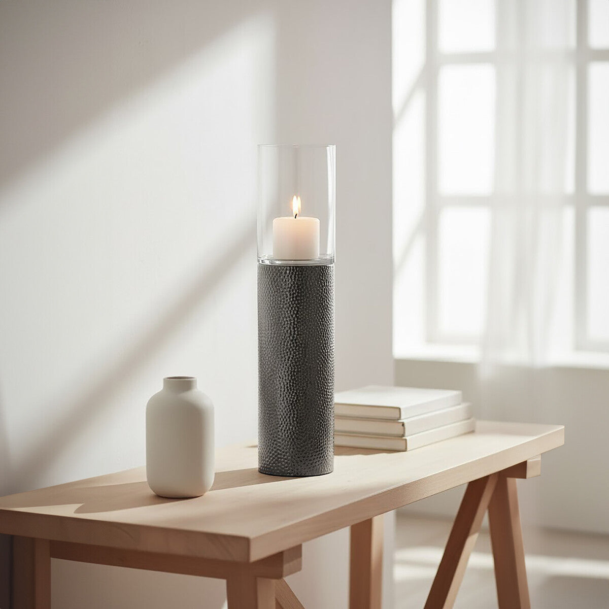 Orsina Martele Large Pillar Candle Holder | Hammered Nickel Metal