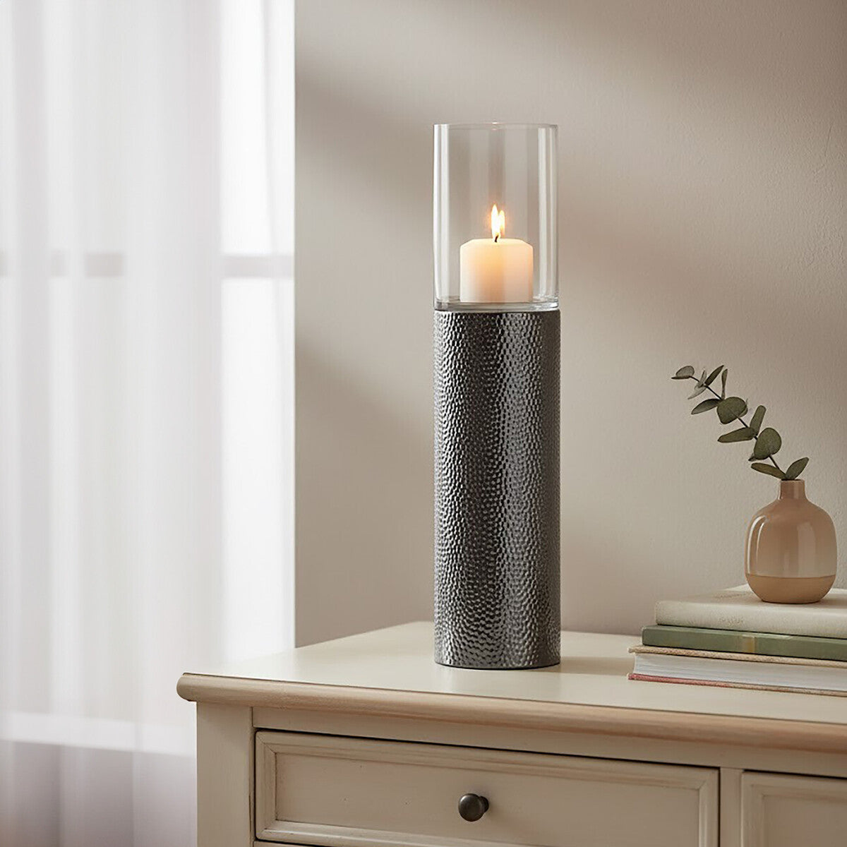 Orsina Martele Large Pillar Candle Holder | Hammered Nickel Metal
