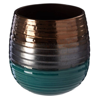 Orsina Capri Ceramic Planter – Gold and Blue Ribbed Decorative Pot