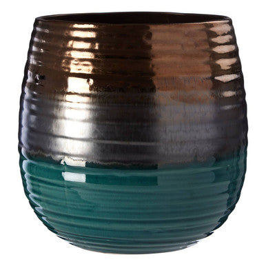Orsina Capri Ceramic Planter – Gold and Blue Ribbed Decorative Pot
