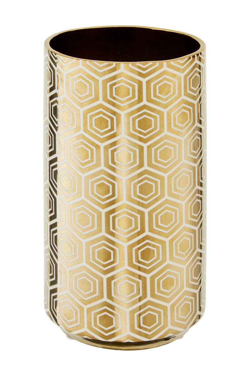 Orsina Hexa Large Ceramic Vase – Gold and Cream Geometric Centerpiece