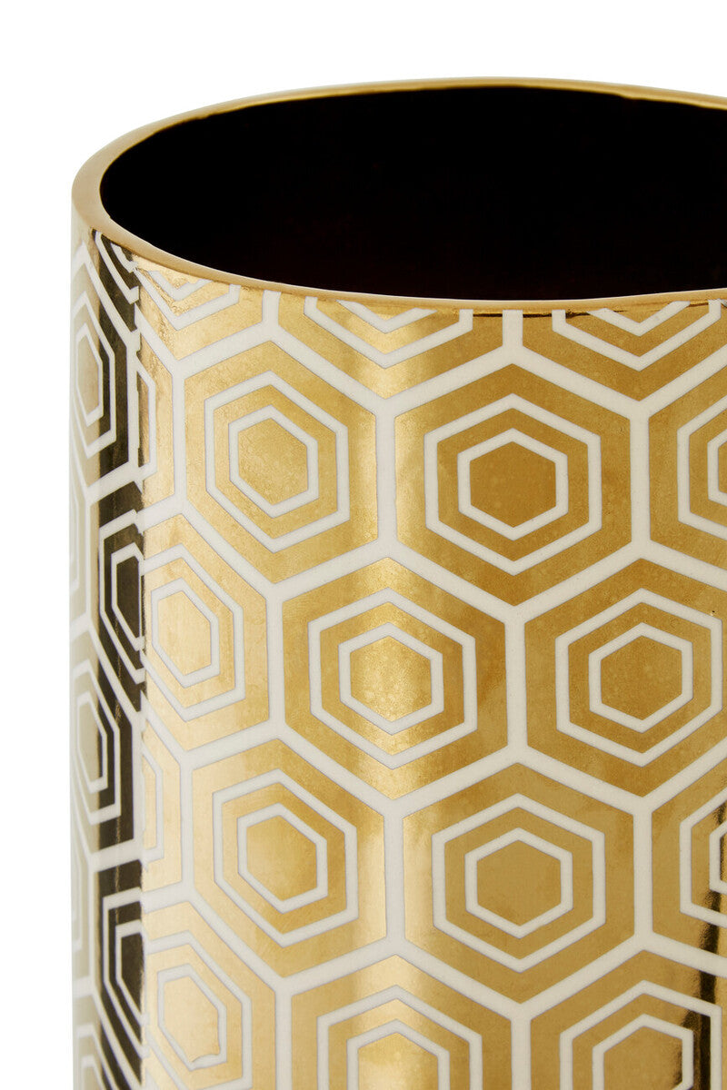 Orsina Hexa Large Ceramic Vase – Gold and Cream Geometric Centerpiece