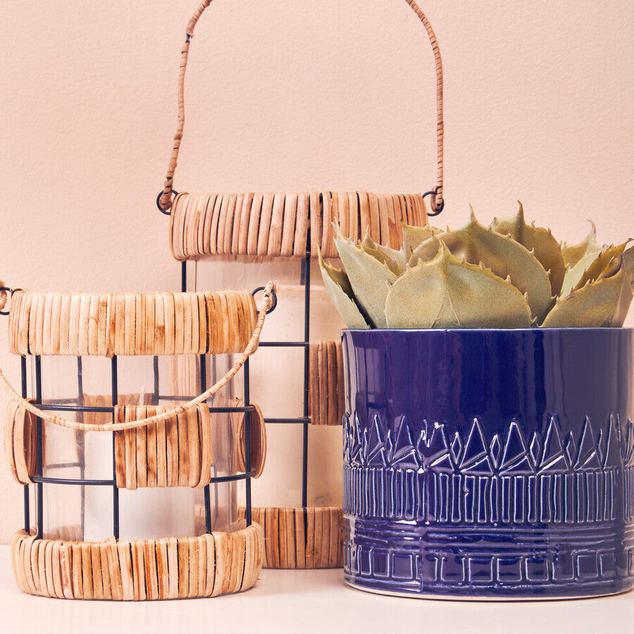 Orsina Petra Blue Ceramic Planter – Handcrafted Tribal Pattern Pot