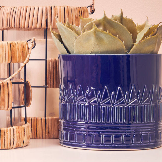 Orsina Petra Blue Ceramic Planter – Handcrafted Tribal Pattern Pot