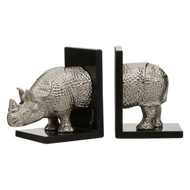 Orsina Rhino Bookends – Set of 2 Decorative Silver and Black Sculptures