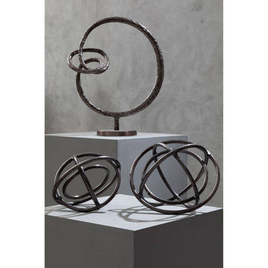 Orsina Nexus Round Abstract Sculpture – Textured Brown Bronze Decor