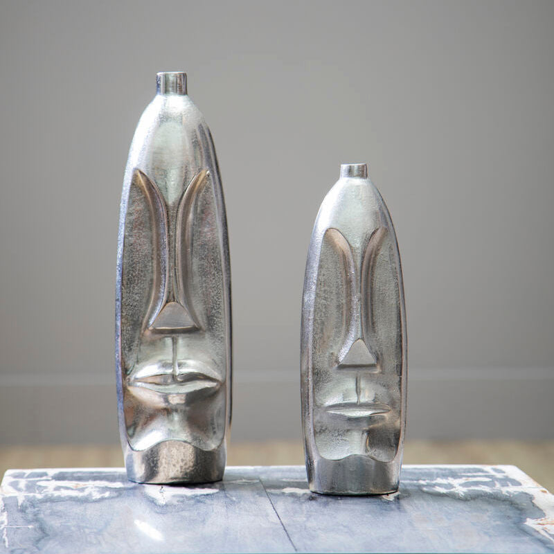 Orsina Viso Large Silver Face Tall Vase | Sculptural Aluminium Decor