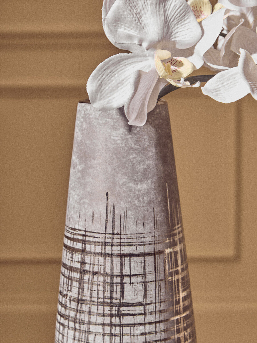 Orsina Embra Large Conical Flower Vase – Grey Ceramic with Silver Detail